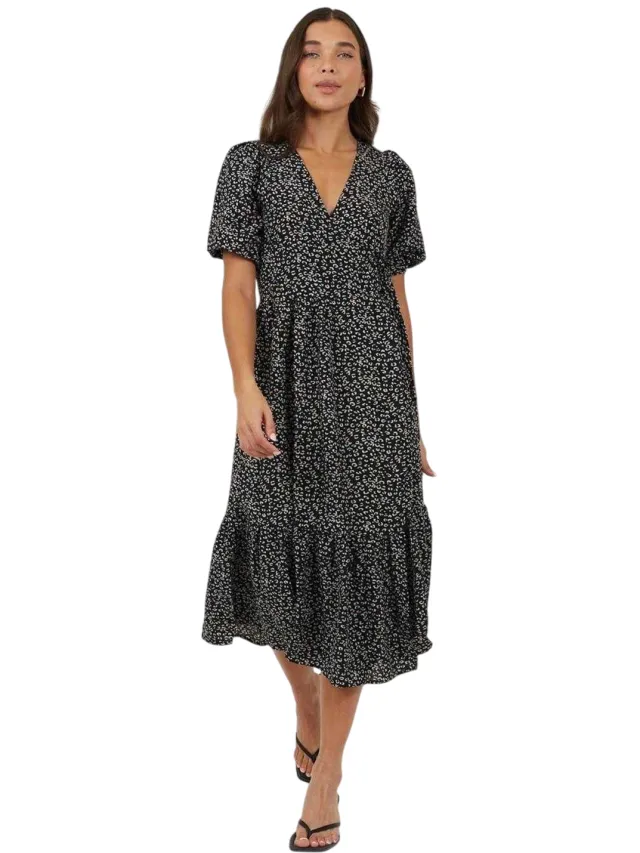 Brave Soul Dames/Dames Puff Sleeve Wrap Dress (Zwart, Wit)