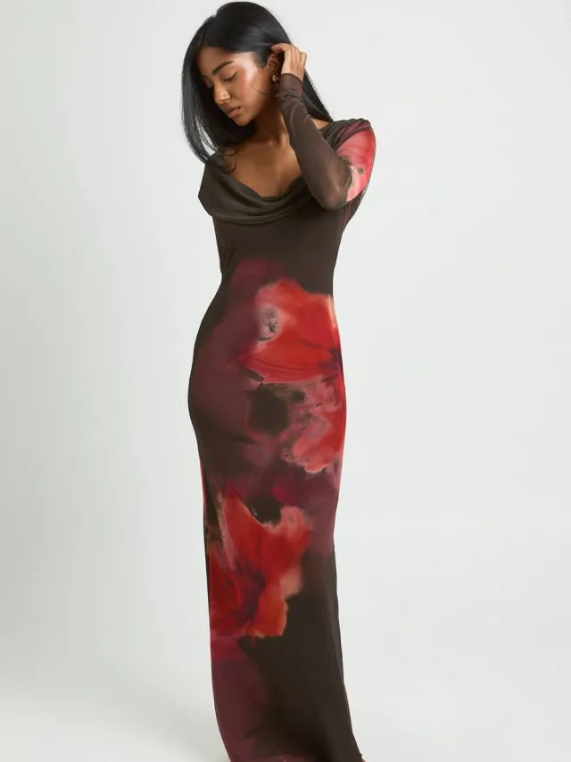 boohoo Dames Gebloemde Mesh Wijde Waterval Maxi Jurk zwart, foto 3
