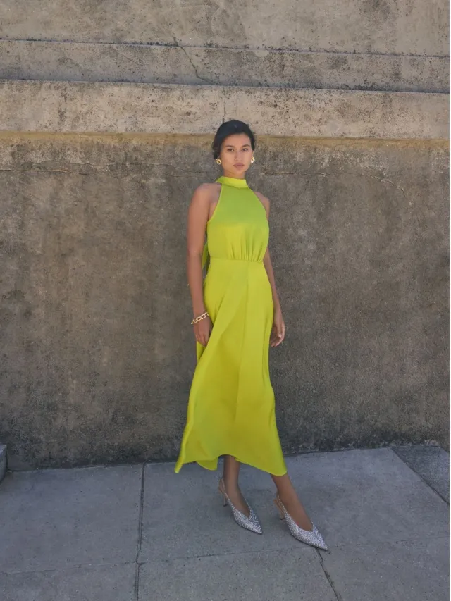 Next Dames - Satijnen halter mouwloze midi-jurk met textuur - Groen Lime Green
