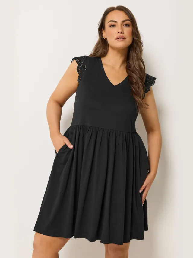Yours Zwarte Jurk Met Broderie Anglaise En Peplum-56 Black