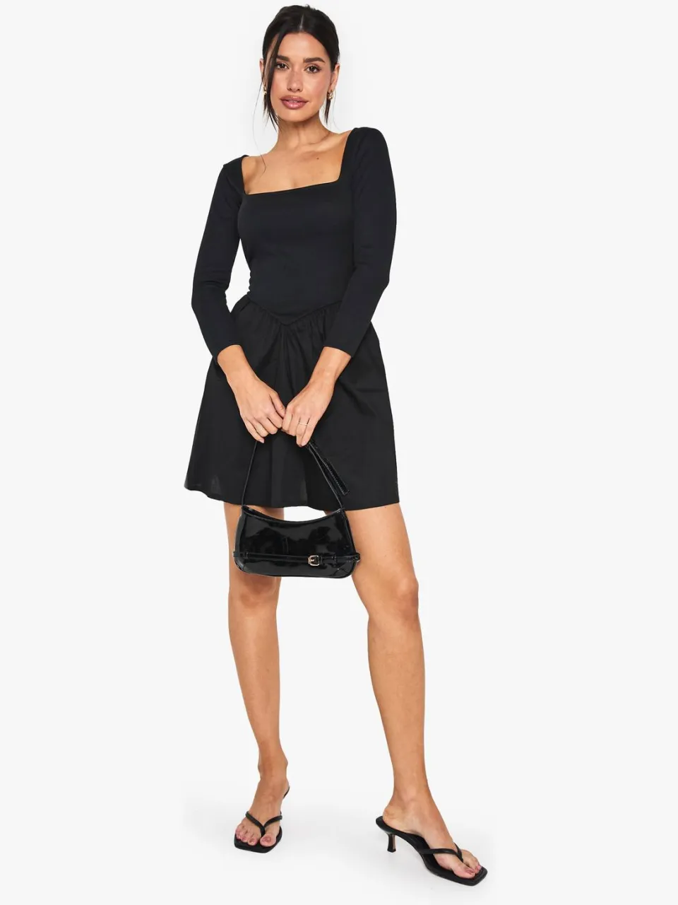 boohoo Dames Lange jersey rib katoenmengsel mini-jurk met lange mouwen zwart, foto 2