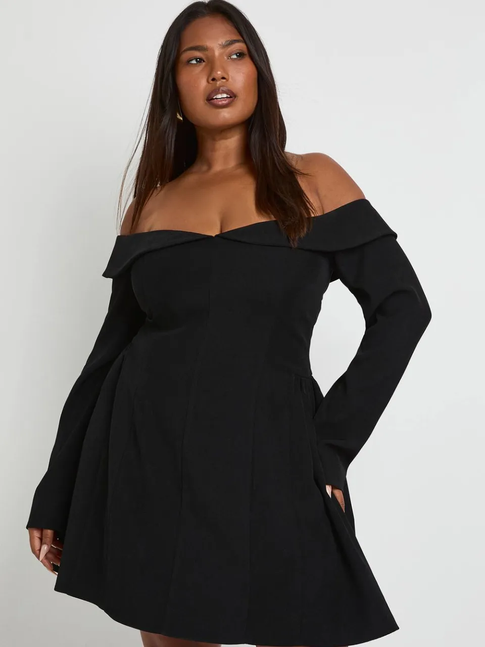 boohoo Dames Plus Langmouw Bardot Gestructureerde Skaterjurk zwart, foto 3
