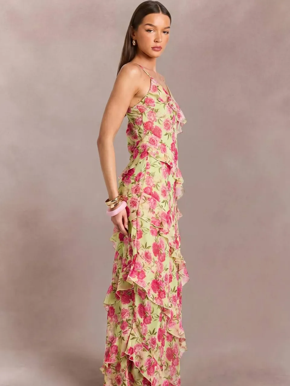 boohoo Dames Chiffon Pastel Bloemenprint Maxi Jurk Met Ruche Details zachte limoen, foto 3