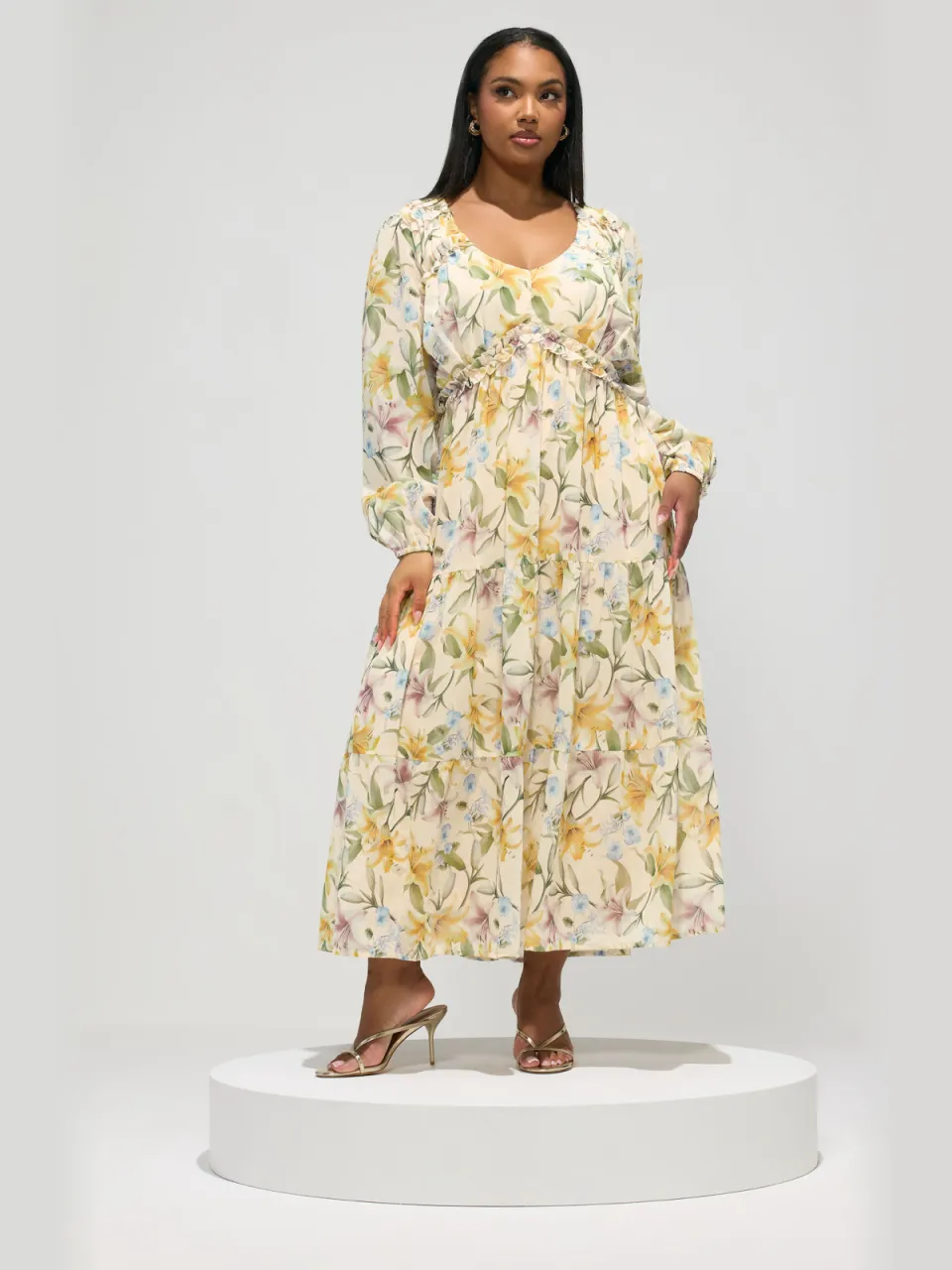 Yours London Witte Jurk Met Lange Mouwen En Bloemenprint White