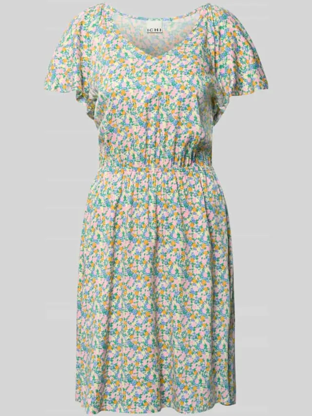Ichi mini-jurk van viscosemix met florale all-over print model 'Aya' Lichtblauw