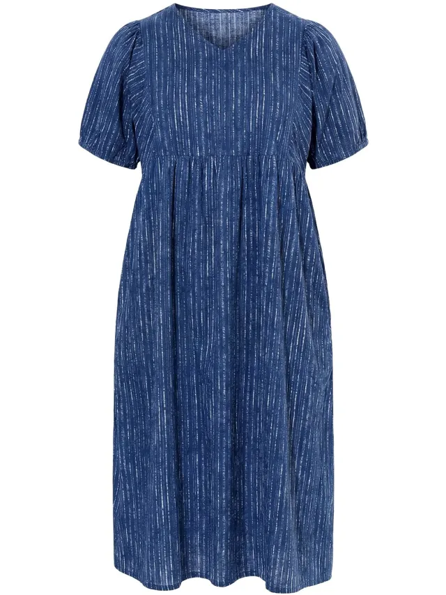 Ulla Popken Dames - Midi-jurk voile A-lijn V-hals korte mouwen - Blauwe bes - Maat 46+