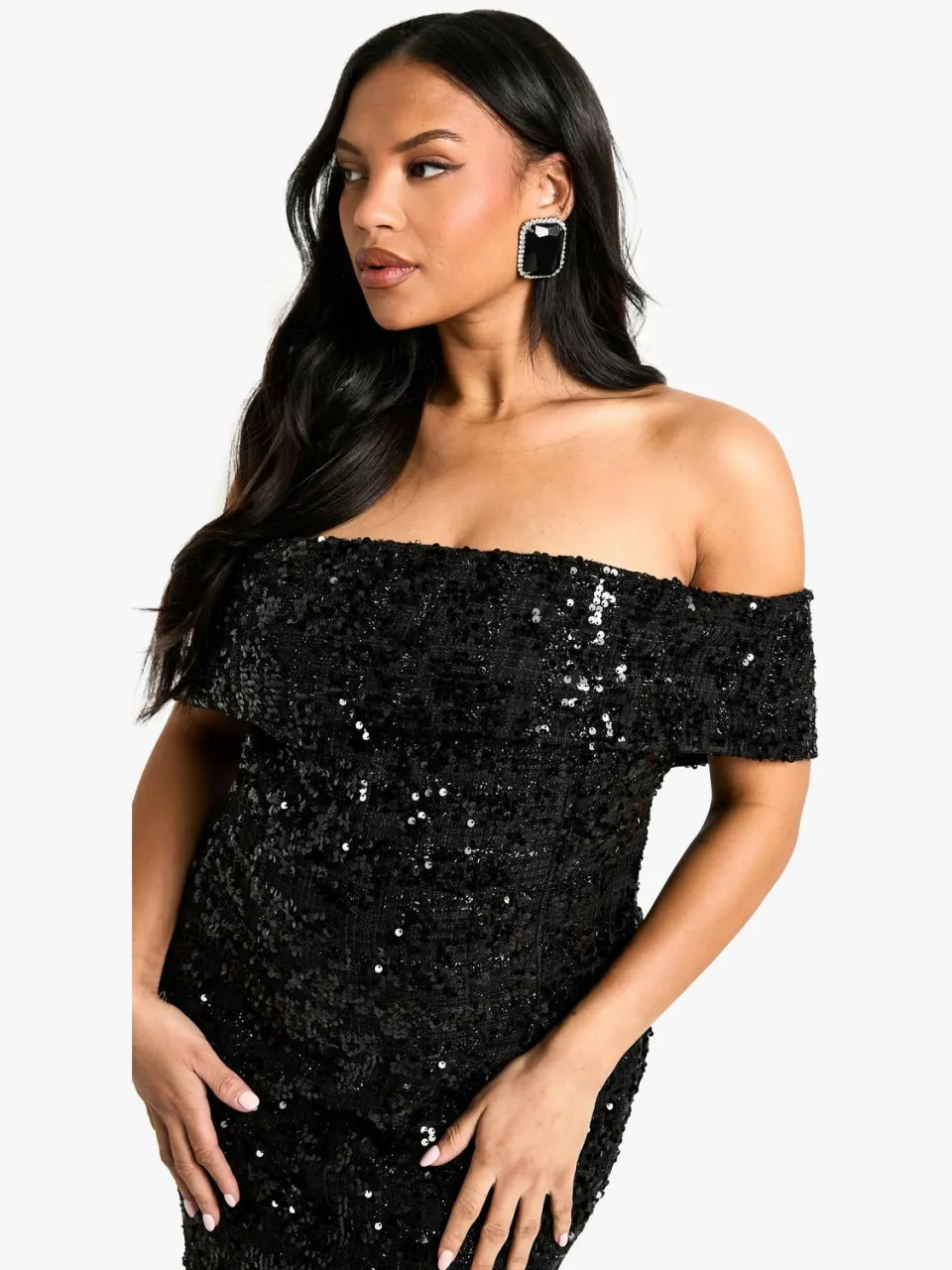 boohoo Dames Plus Off-Shoulder Boucle Shiftjurk zwart, foto 4