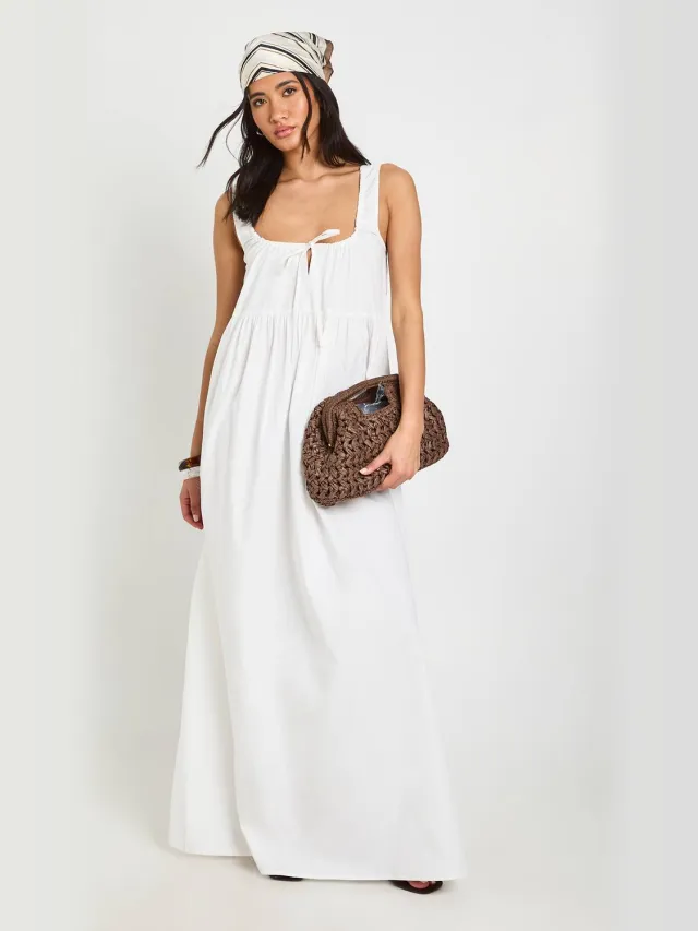 boohoo Dames Maxi Smock Jurk Met Strikdetail Vooraan Wit