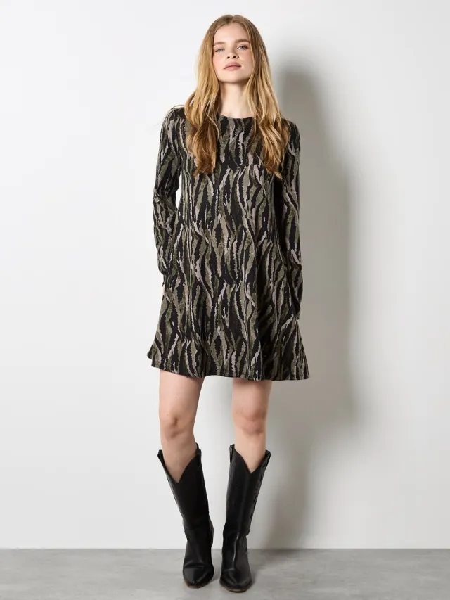 Apricot Zebra-gebreide swing-minijurk Kaki