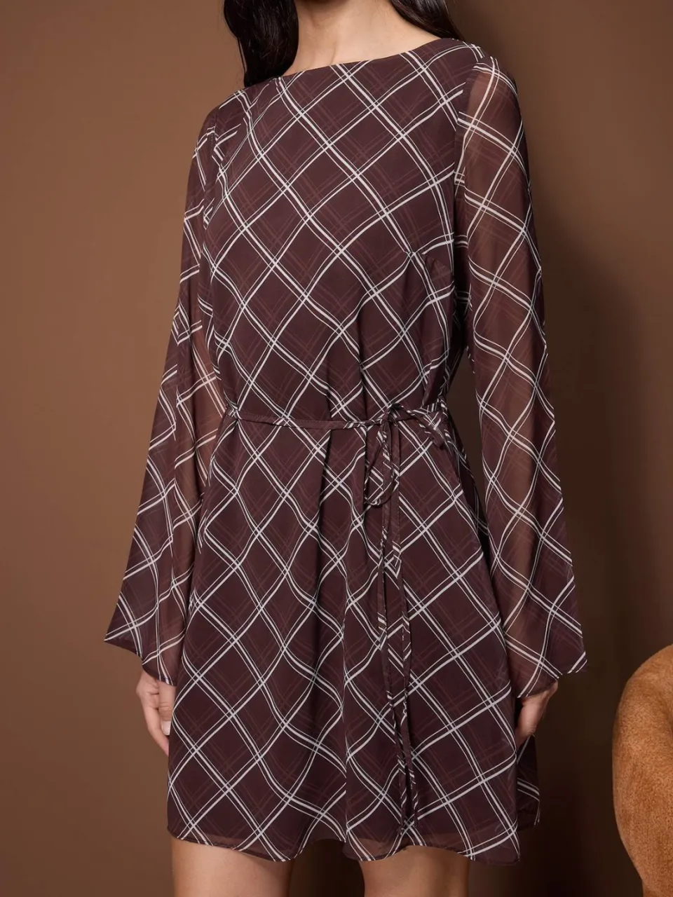 Trendyol TRENDYOLMİLLA Dames Bruin Geruit Kort / Mini Lang Casual A-lijn Jurken, foto 2