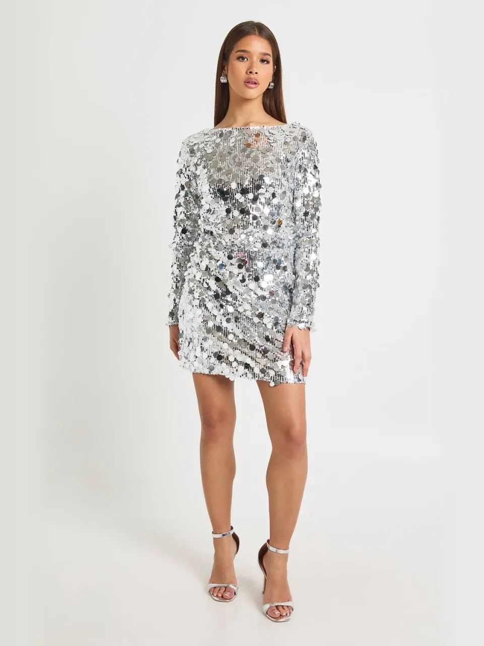 boohoo Dames Disc Sequin Blouson Shift Jurk Zilver