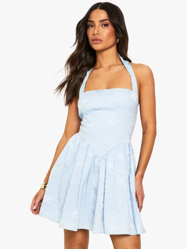 boohoo Dames Petite Halter Jacquard Jurk met Vierkante Hals Skater Lichtblauw