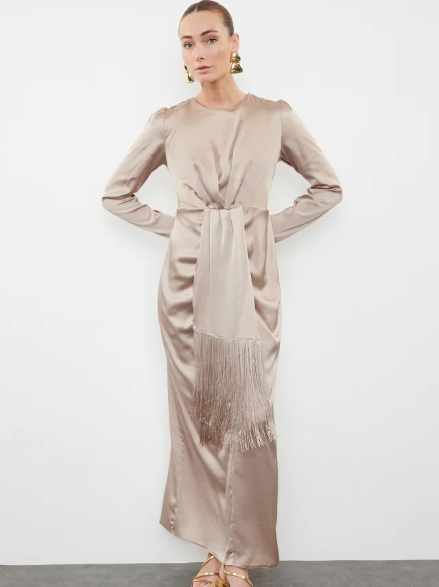 Trendyol Modest Dames Goudkleurig Effen Maxi Lang Stijlvol/Avond Zeemeermin Modest Avond Jurken