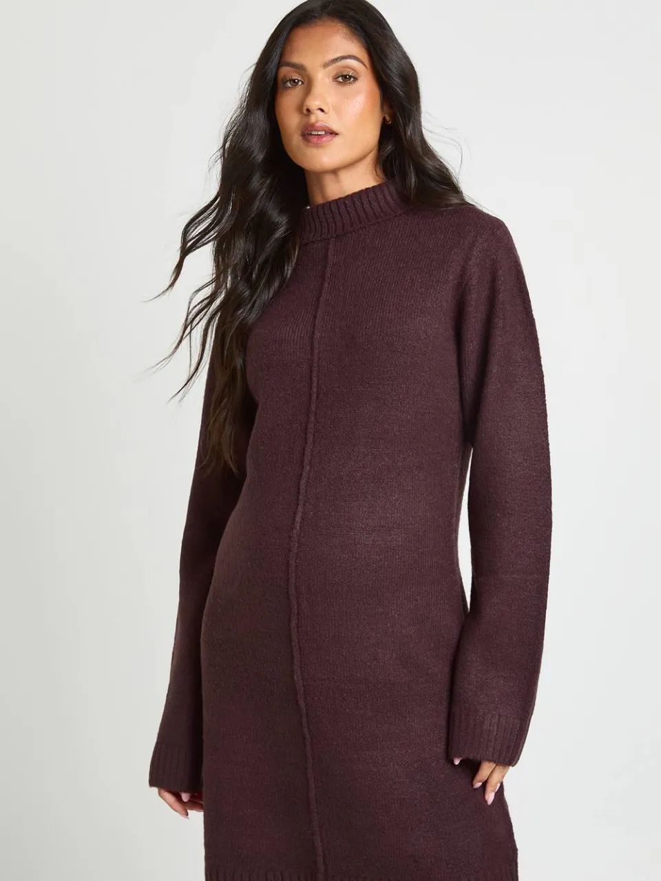 boohoo Dames Zwangerschaps Trui-jurk Met Hoge Kraag En Naaddetail In Gebreid Mini-model chocoladebruin, foto 4