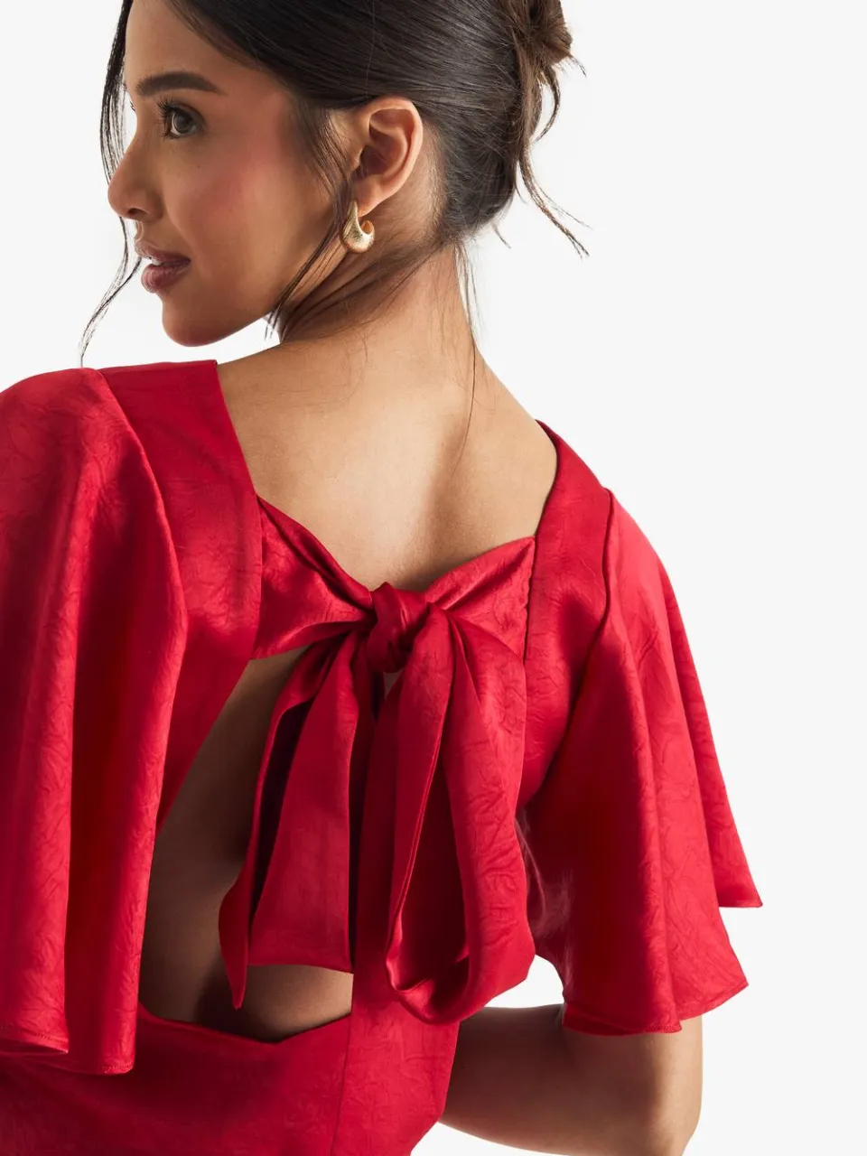 boohoo Dames Minijurk met strikdetail aan de achterkant en engelachtige mouwen rood, foto 4