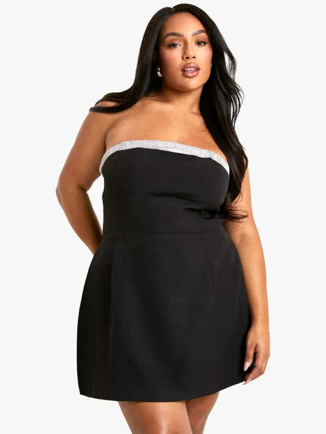 boohoo Dames Plus Diamante Trim Skater Mini Jurk Zwart