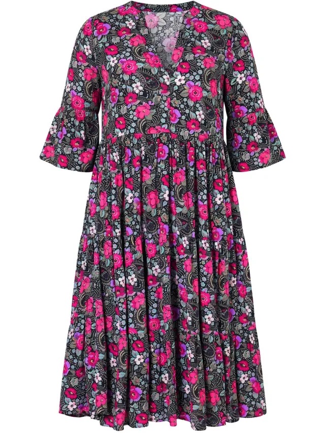 Studio Untold Dames - Midi-jurk A-lijn bloemenpatroon - Zwart - Maat 50+