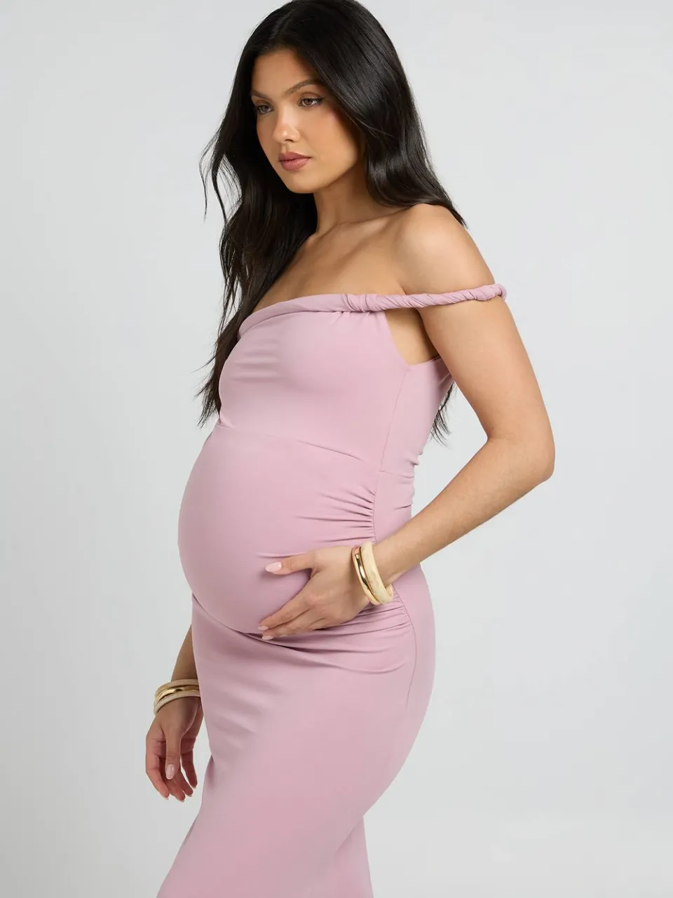 boohoo Dames Zwangerschaps Maxi Jurk Met Gedraaide Bardot Hals mauve, foto 4