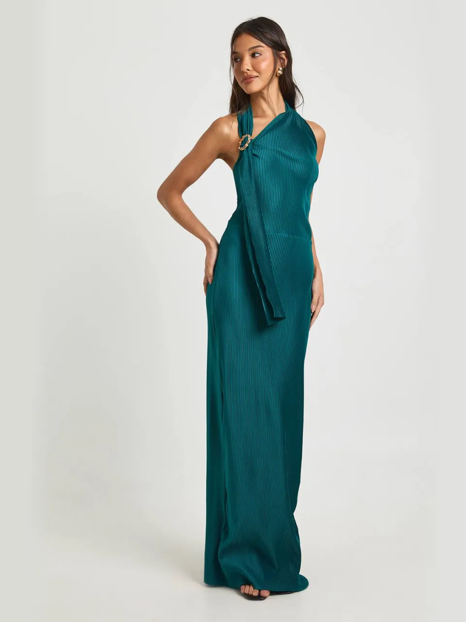 boohoo Dames Plisse Halter Detail Kolom Maxi Jurk groenblauw, foto 3