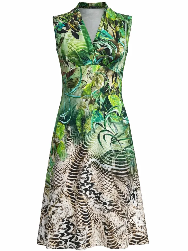 Conquista Mouwloze jurk met V-hals en tropische bladprint Groen