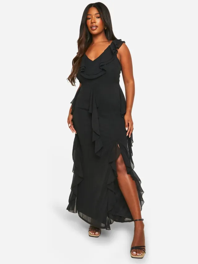 boohoo Dames Plus Maxi-jurk met Ruches Detail Zwart