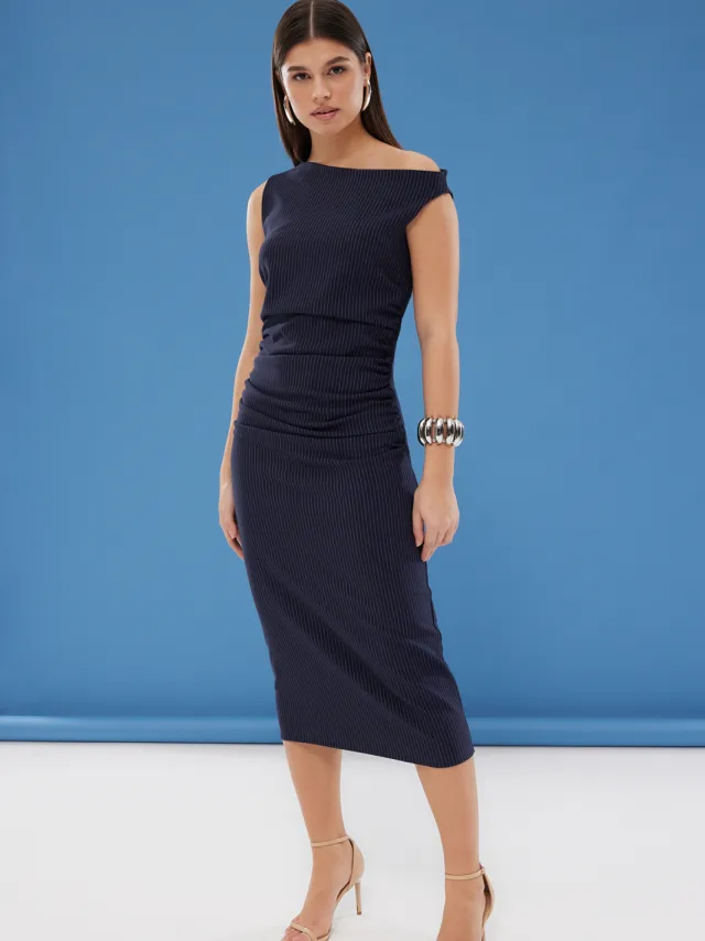 Trendyol TRENDYOLMİLLA Dames Donkerblauw Gestreept Midi Mouwloos Avond / Dagelijks Bodycon Jurken Marineblauw/Blauw