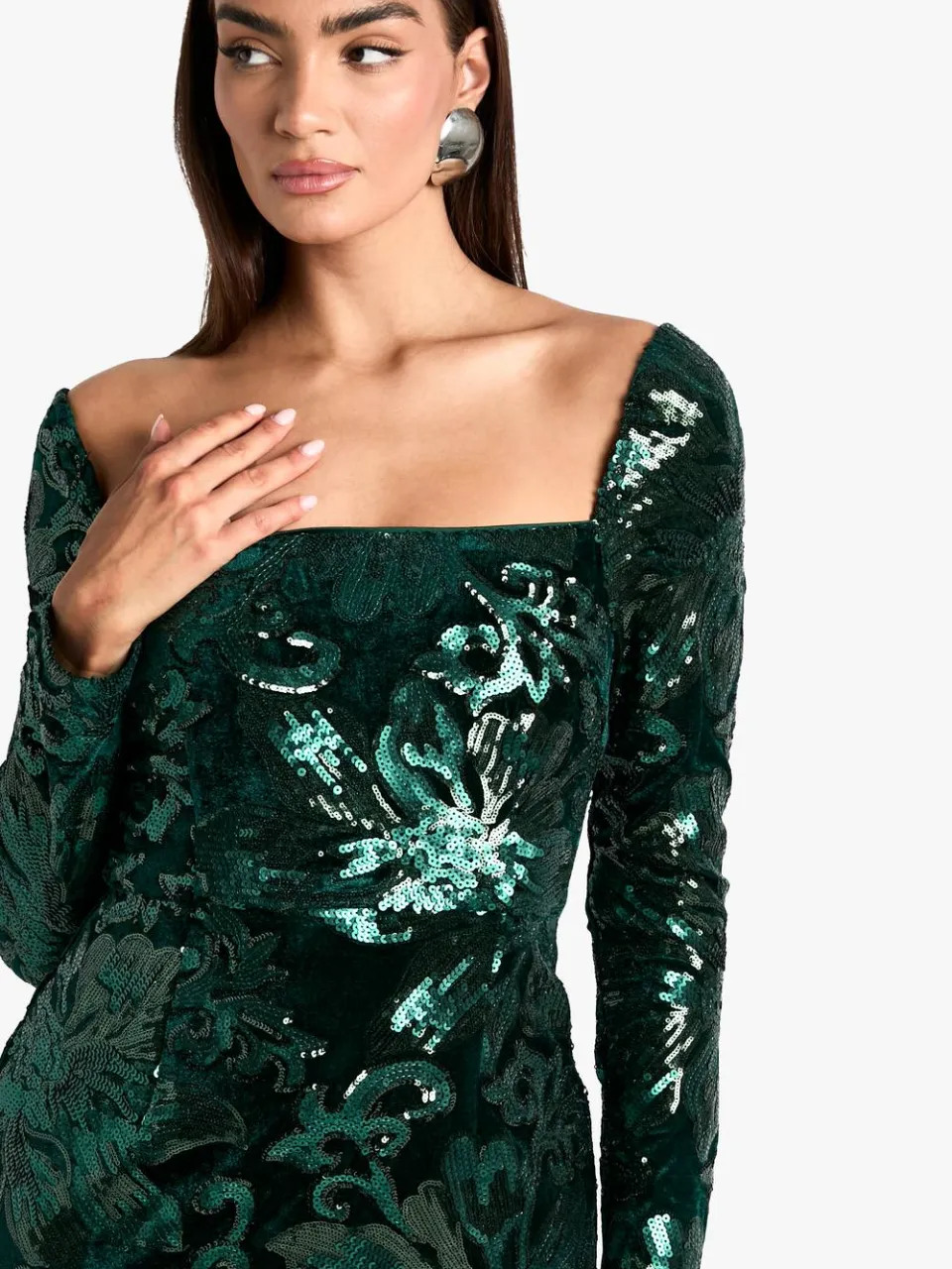 boohoo Dames Square Neck Demask Sequin Maxi Dress smaragdgroen, foto 2