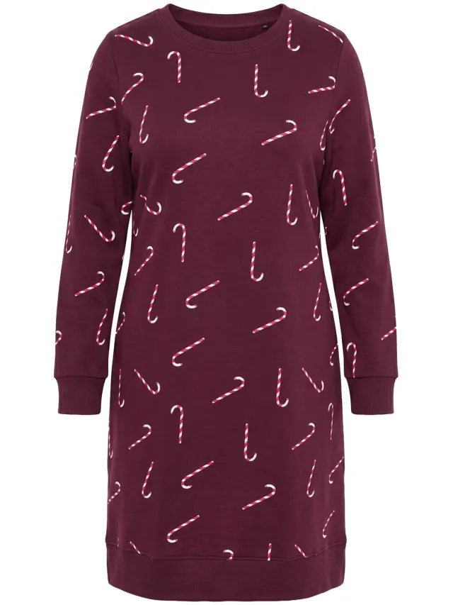 Ulla Popken Dames - Kerst-sweatjurk ronde hals lange mouwen - Pruim - Maat 58+