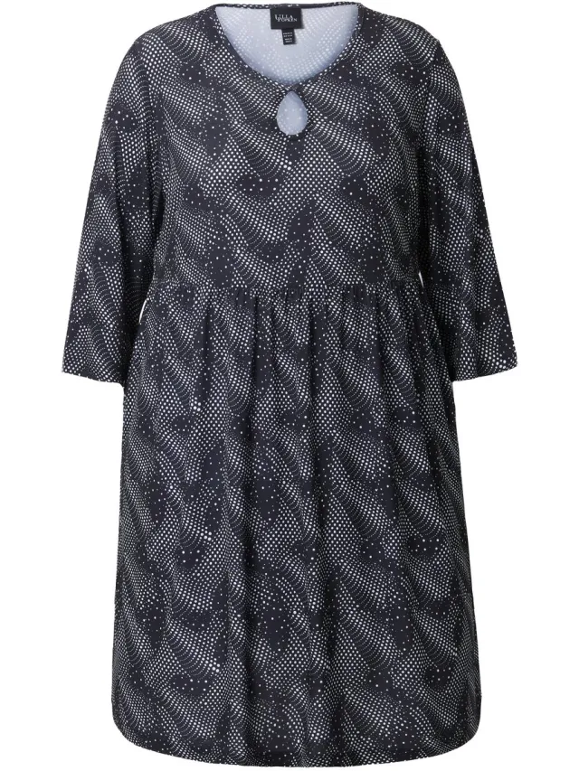Ulla Popken Dames - Longshirt grafische print A-lijn ronde hals 3/4-mouwen - Zwart - Maat 58+