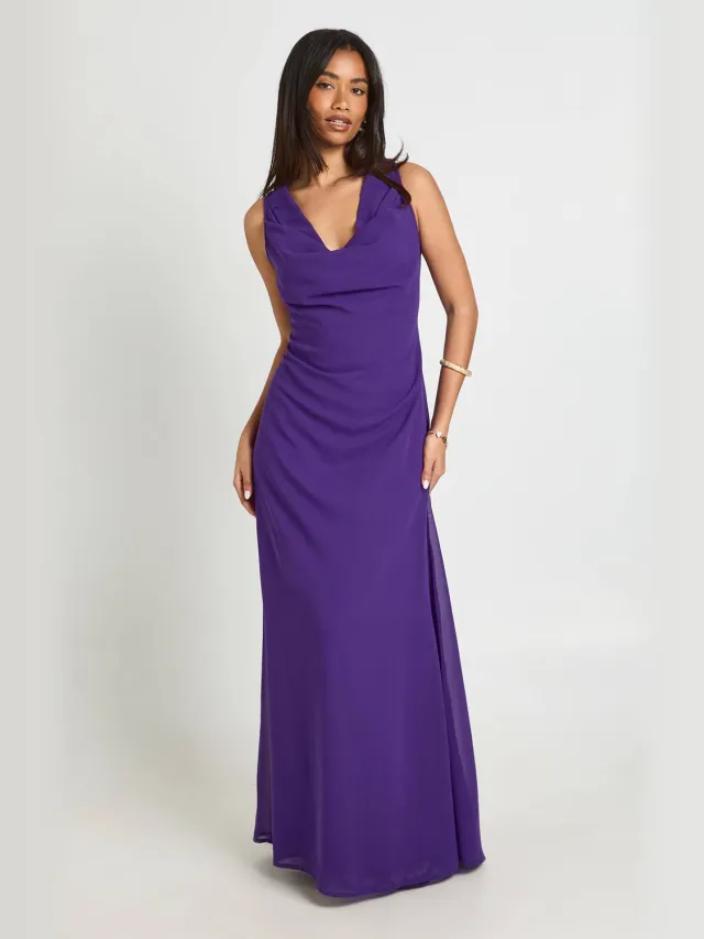 boohoo Dames Chiffon Maxi Jurk Met Waterval Halslijn Violet