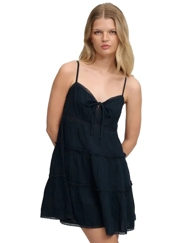 Superdry Cheesecloth Tiered Mini Mouwloze Korte Jurk Blauw,Zwart XS Vrouw Eclipse Navy