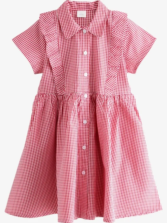 Next Meisjes - Gingham schooljurk met ruches en hoog aandeel katoen - Rood Red
