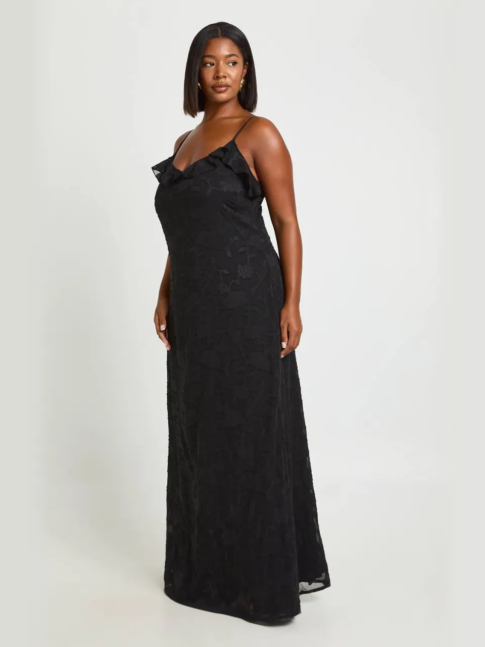 boohoo Dames Plus Burnout Ruffle Slip Maxi Jurk zwart, foto 2