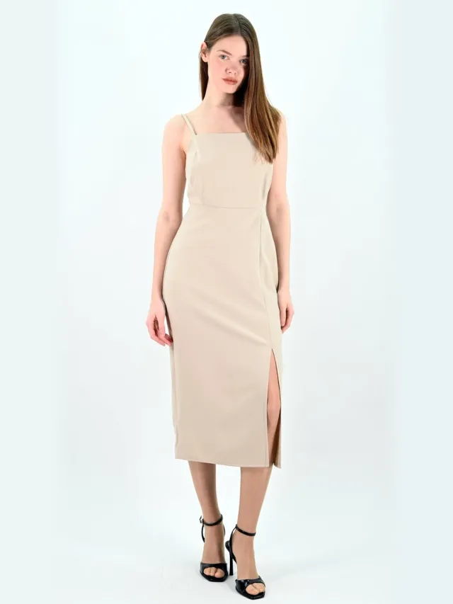 YESMOOI Elegante Midi Jurk met Spaghettibandjes - Slip Dress - Beige - S (36)