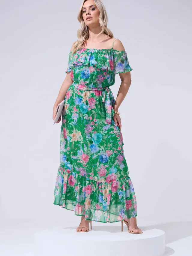 Yours London Groene Jurk Met Bloemenprint En Metallic Glans Green