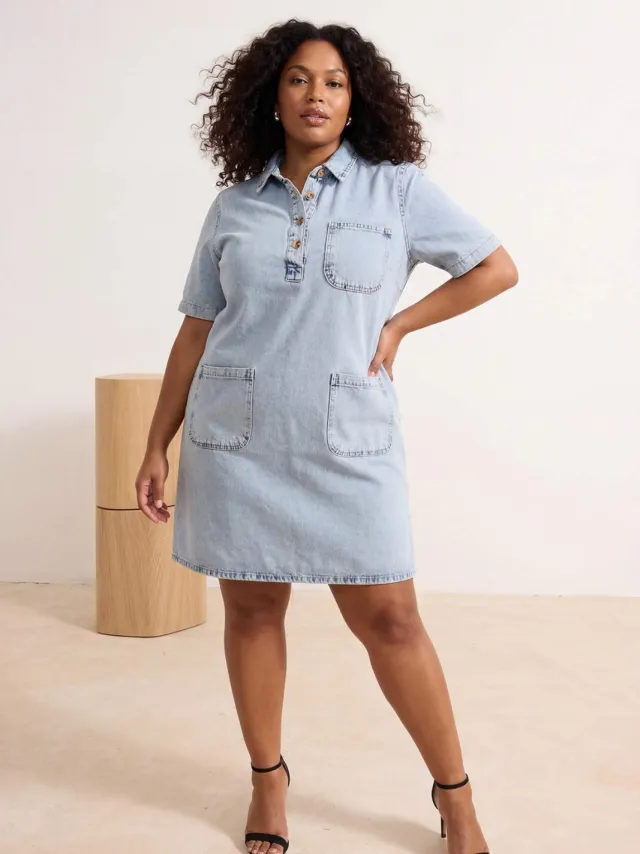 Trendyol Curve Dames Blauw Effen Kort / Mini Kort Casual Blousejurk Grote maten Jurk