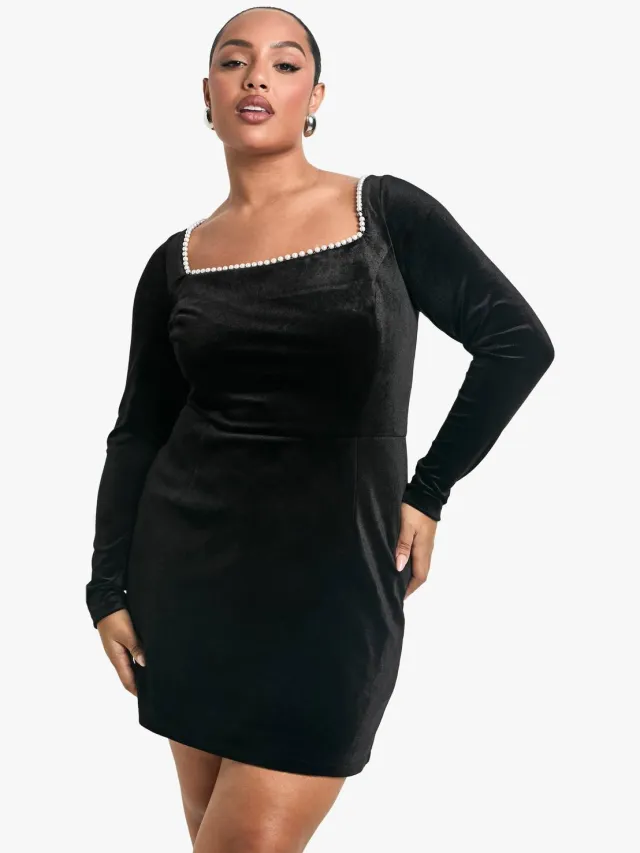 boohoo Dames Plus Pearl Vierkante Hals Skaterjurk Zwart