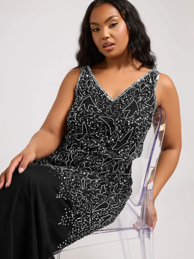 Luxe: Ultimate Embellishment Luxe Zwarte Maxijurk Met Paillettenversieringsize 42, foto 4