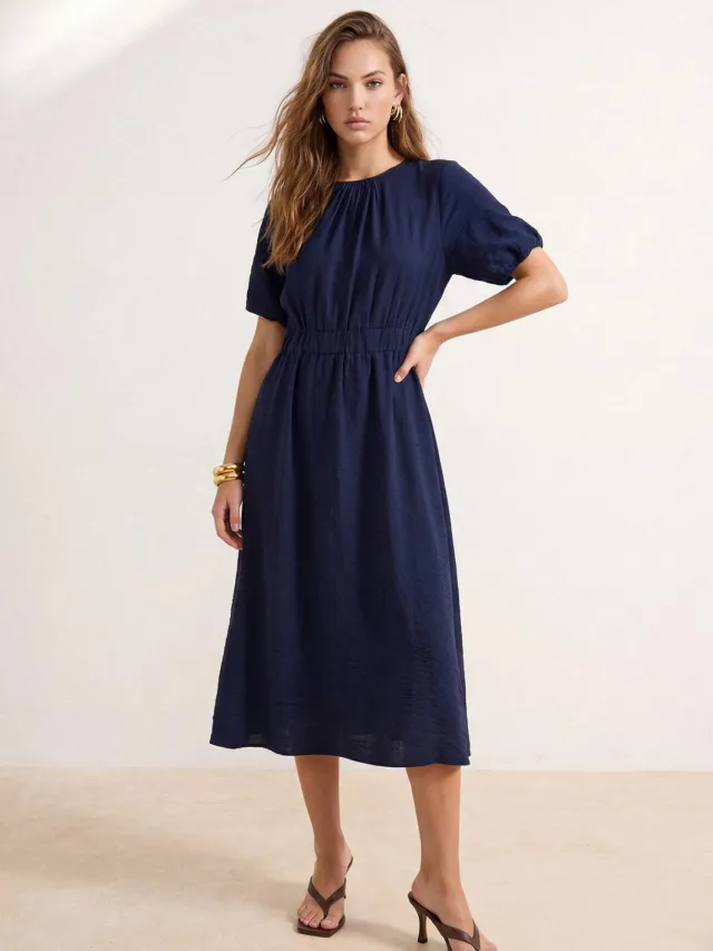 Trendyol TRENDYOLMİLLA Dames Donkerblauw Effen Midi Kort Casual A-lijn Jurken Marineblauw/Blauw