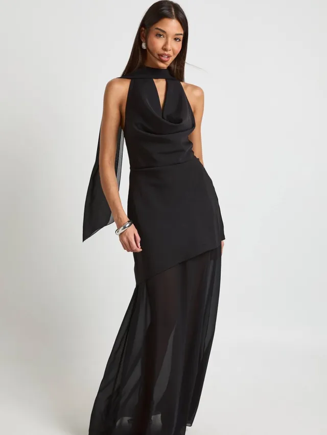boohoo Dames Halter Rugloze Chiffon Maxi Jurk Zwart