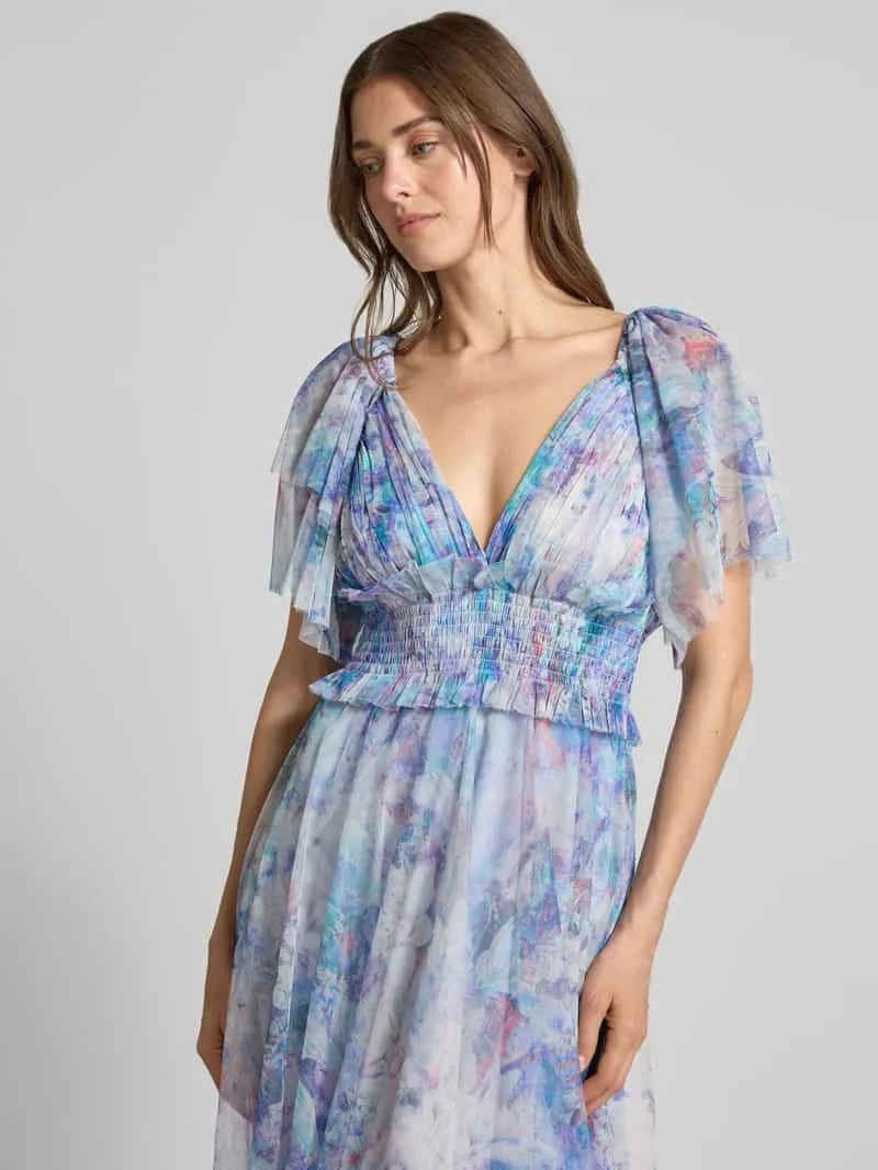 Lace & Beads cocktailjurk met smokdetails en V-hals blauw, foto 5