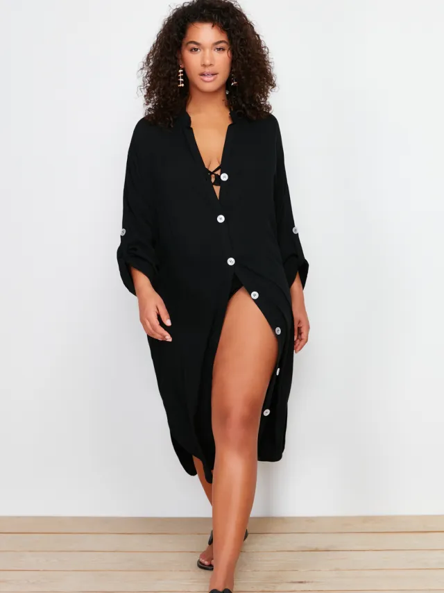 Trendyol Curve Dames Zwart Effen Midi Lang Strandkleding Blousejurk Grote maten Jurk