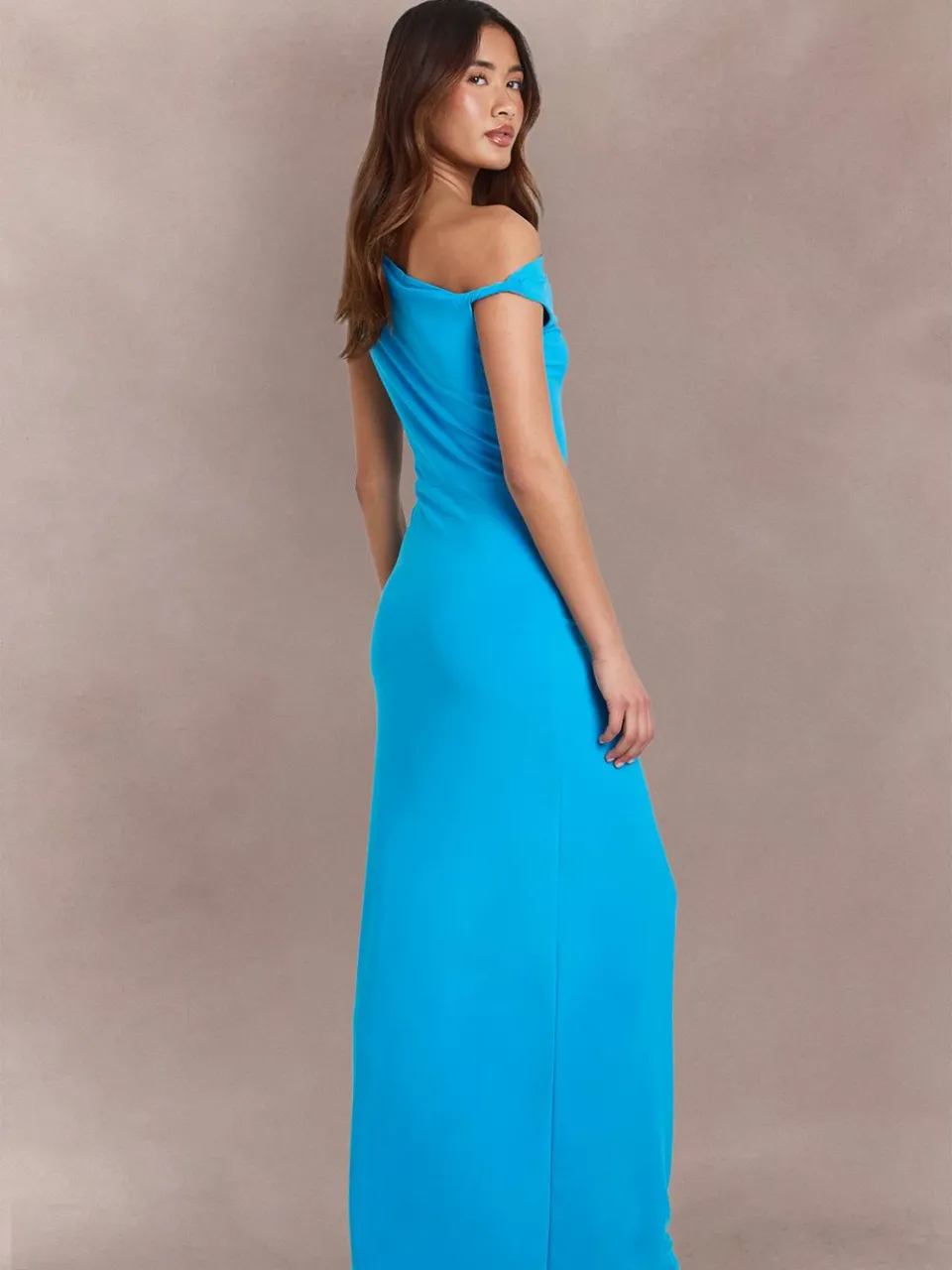 boohoo Dames Dubbele Laag Asymmetrische Hals Slinky Draperie Voorkant Maxi Jurk aqua, foto 2