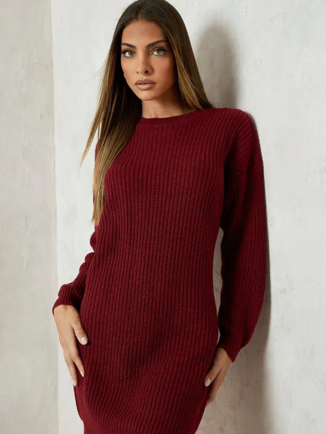 boohoo Dames Crew Neck Mini Jumper Jurk Wijn
