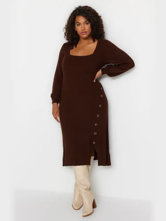 Trendyol Curve Dames Bruin Effen Midi Lang Casual Bodycon Grote maten Jurk