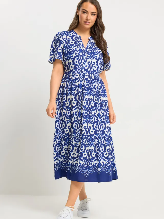 Yours Blauwe Abstracte Jurk Met Halve Knoopsluiting-56 Blue
