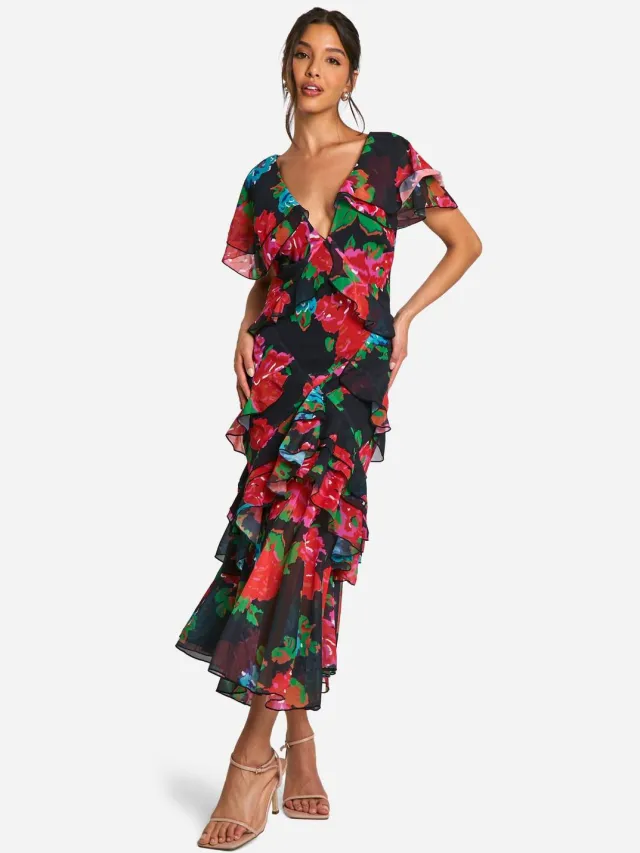 boohoo Dames Floral Ruffle Maxi Dress Zwart