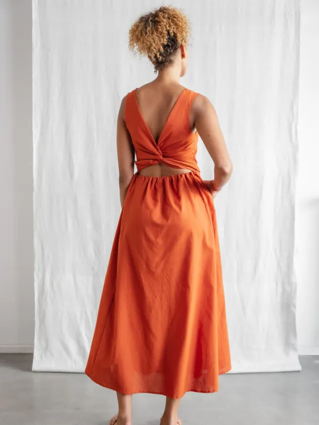 Jyoti - Fair Works dames vegan Midi Jurk Khushi Terracotta Donkeroranje