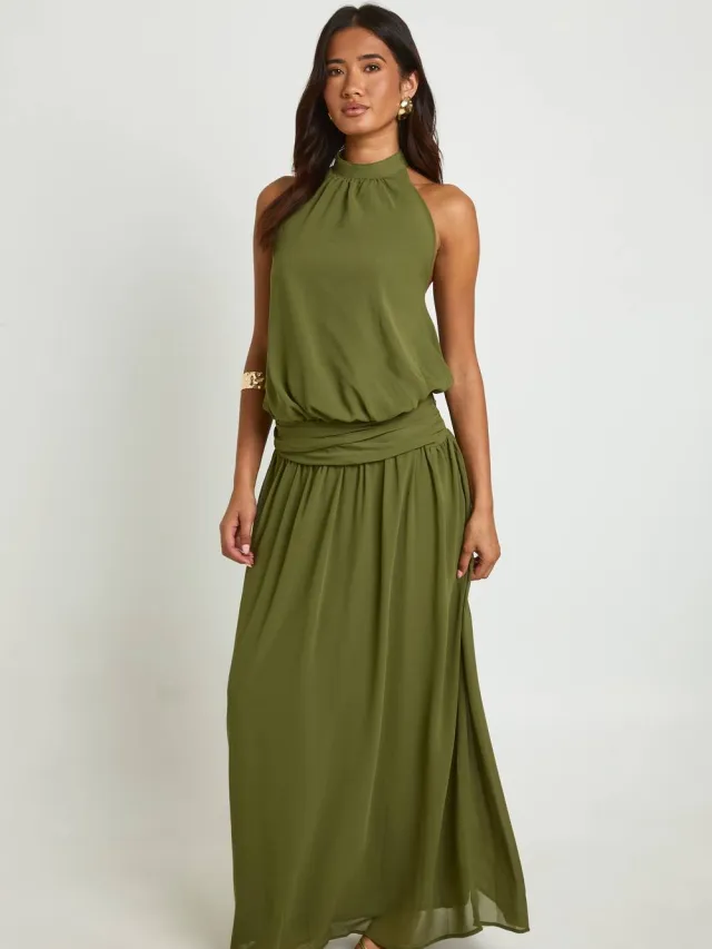 boohoo Dames Chiffon Geplooide Lage Taille Halter Maxi Jurk Olijf