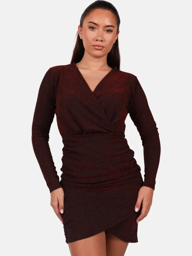Getdrezzed Glitter jurk met geplooide voorkant bordeaux